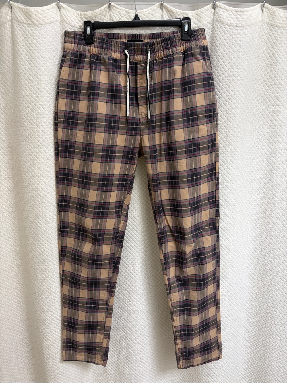 Barney Cools Tan and Navy Plaid Drawstring Chinos